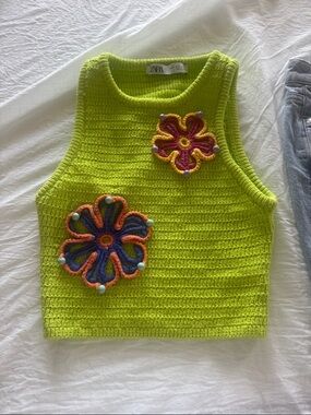Zara Neon Lime Crochet Flower Tank Top
